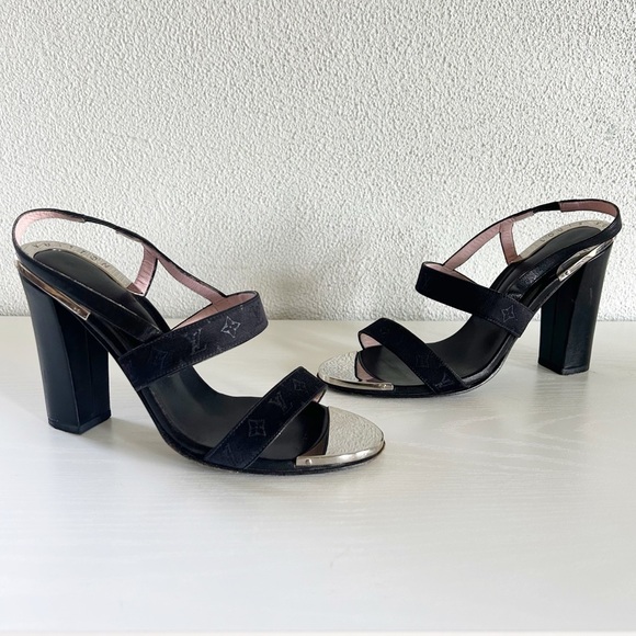 Louis Vuitton Black Monogram Satin Strappy Sandals Block Heels Size EU 38.5 - Picture 4 of 16